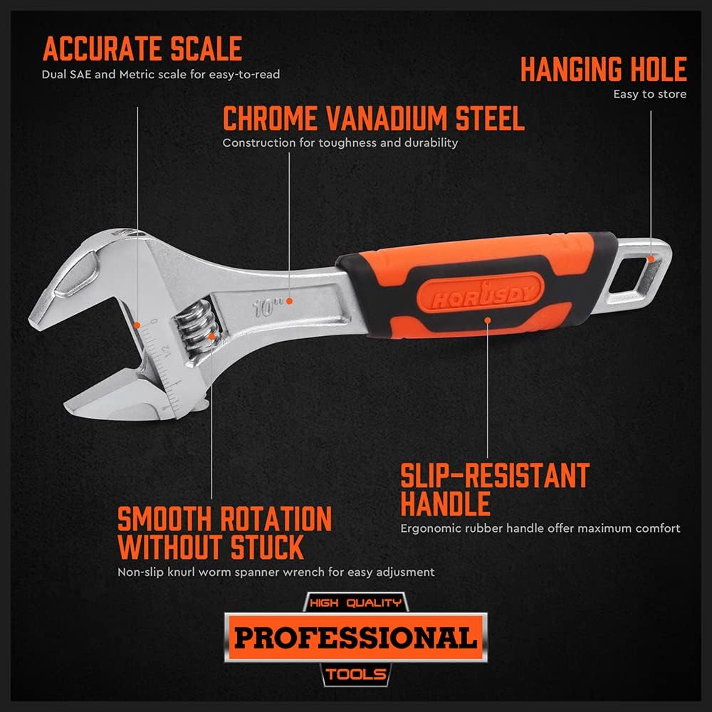 HORUSDY 3-piece adjustable wrench set with 6, 8, and 10-inch sizes, chrome vanadium steel, dual metric and SAE scales, and slip-resistant ergonomic handles