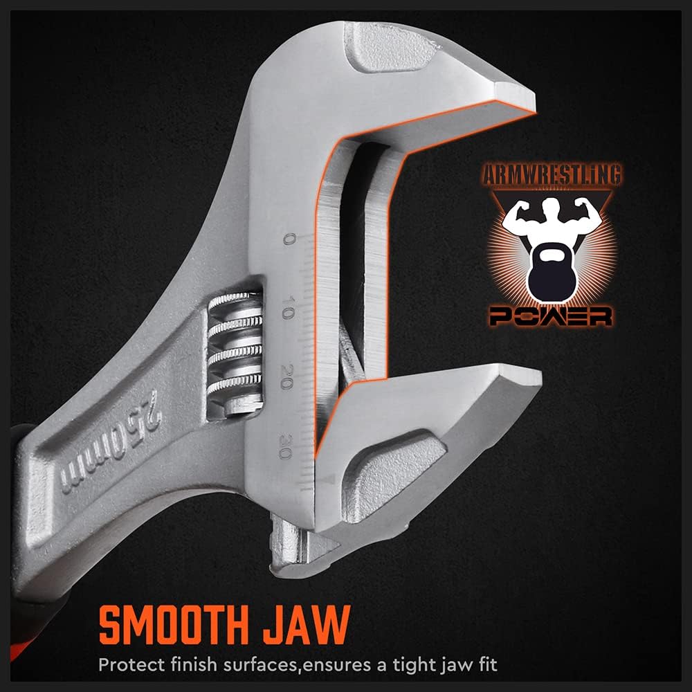 HORUSDY 3-piece adjustable wrench set with 6, 8, and 10-inch sizes, chrome vanadium steel, dual metric and SAE scales, and slip-resistant ergonomic handles