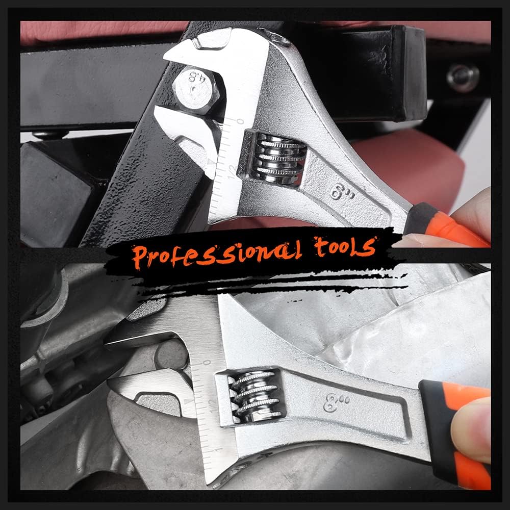 HORUSDY 3-piece adjustable wrench set with 6, 8, and 10-inch sizes, chrome vanadium steel, dual metric and SAE scales, and slip-resistant ergonomic handles