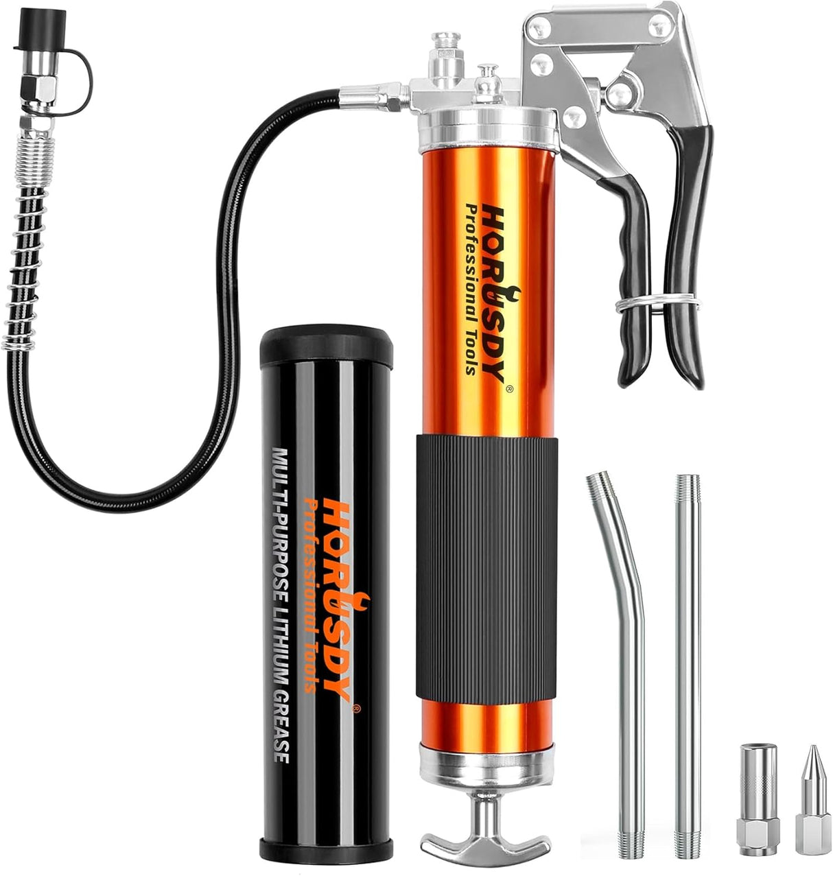 HORUSDY 18-inch heavy-duty pistol grip grease gun with flexible hose and multipurpose lithium grease cartridge