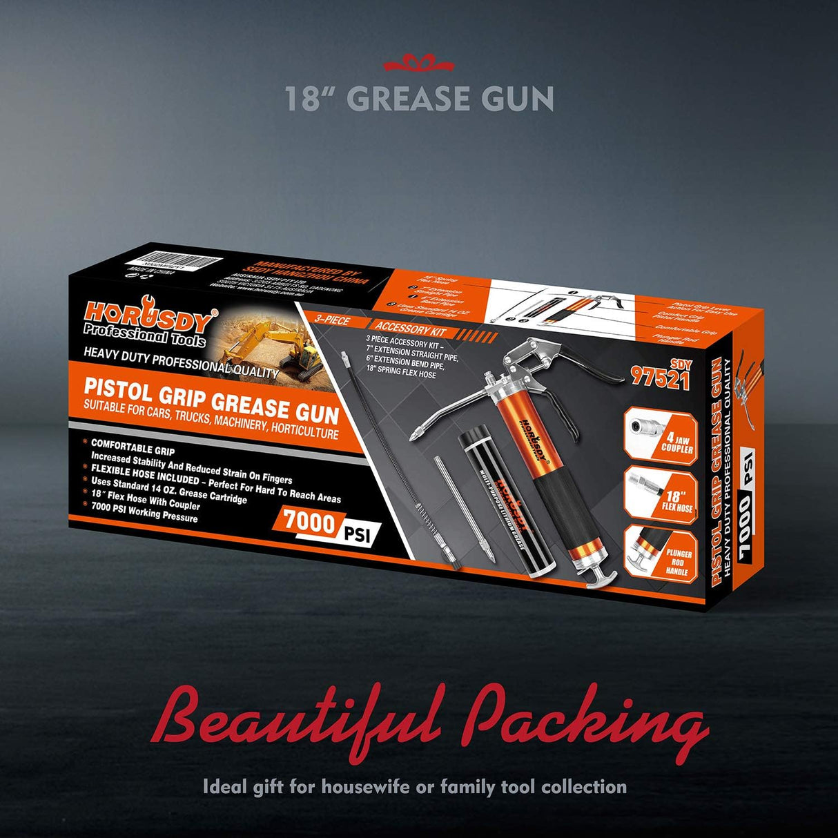 HORUSDY 18-inch heavy-duty pistol grip grease gun with flexible hose and multipurpose lithium grease cartridge