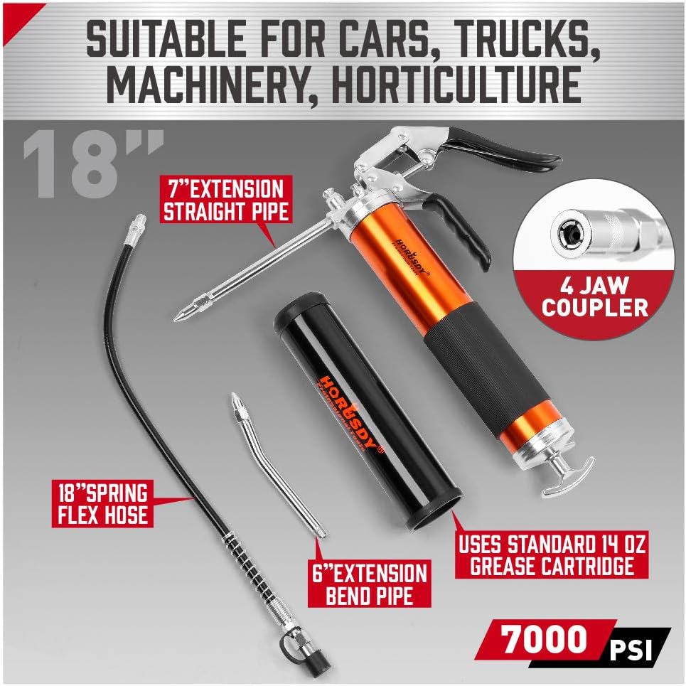 HORUSDY 18-inch heavy-duty pistol grip grease gun with flexible hose and multipurpose lithium grease cartridge