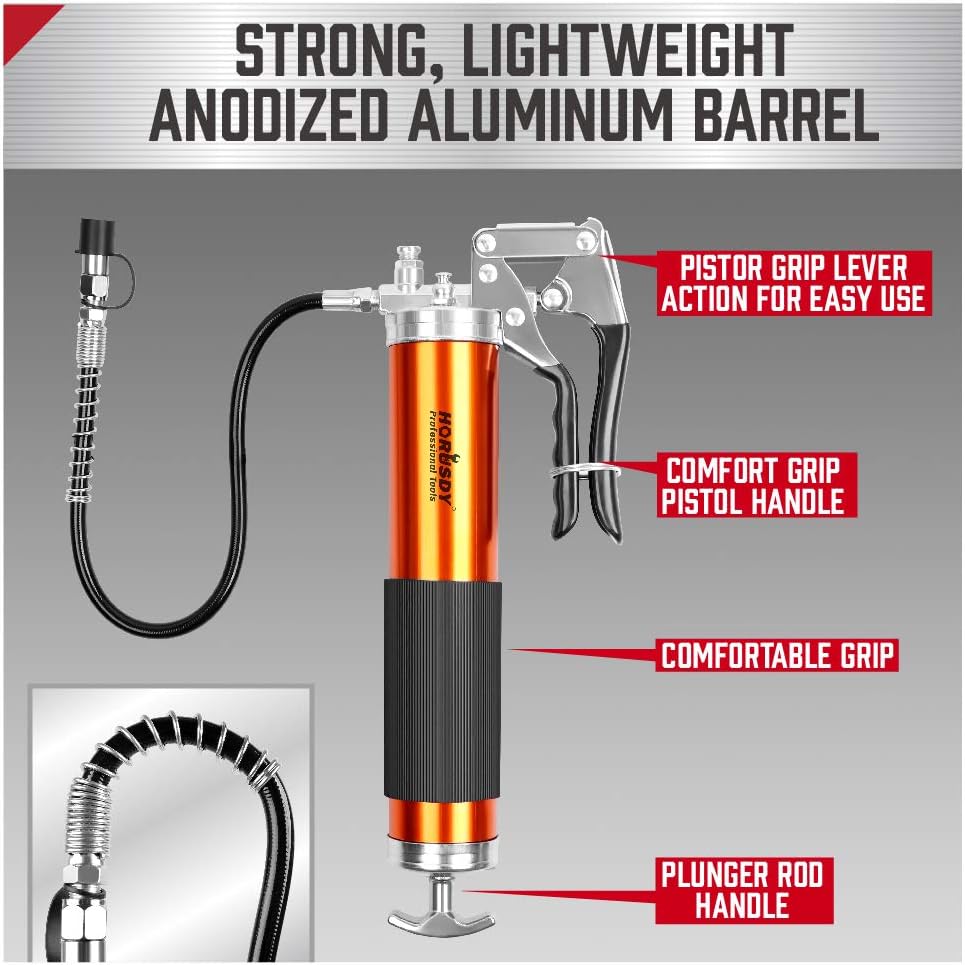 HORUSDY 18-inch heavy-duty pistol grip grease gun with flexible hose and multipurpose lithium grease cartridge