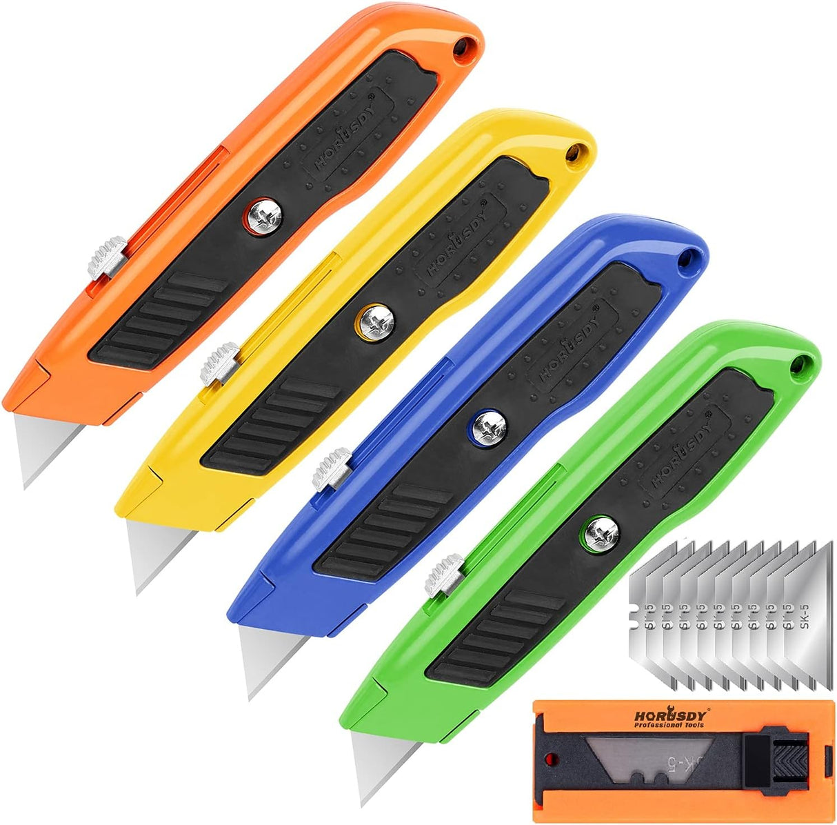 HORUSDY 4-pack heavy duty retractable utility knife set with SK5 blades, aluminum handles, blade storage case, and multi-color ergonomic design