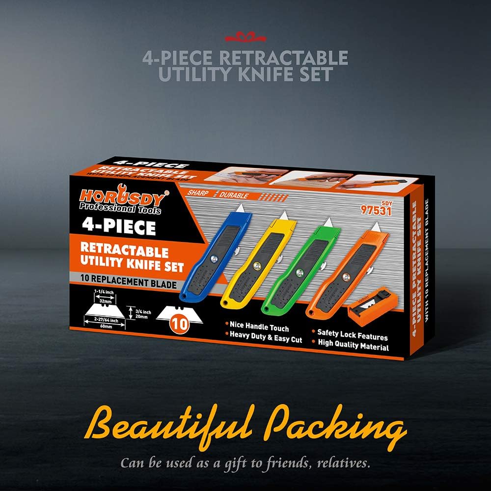 HORUSDY 4-pack heavy duty retractable utility knife set with SK5 blades, aluminum handles, blade storage case, and multi-color ergonomic design