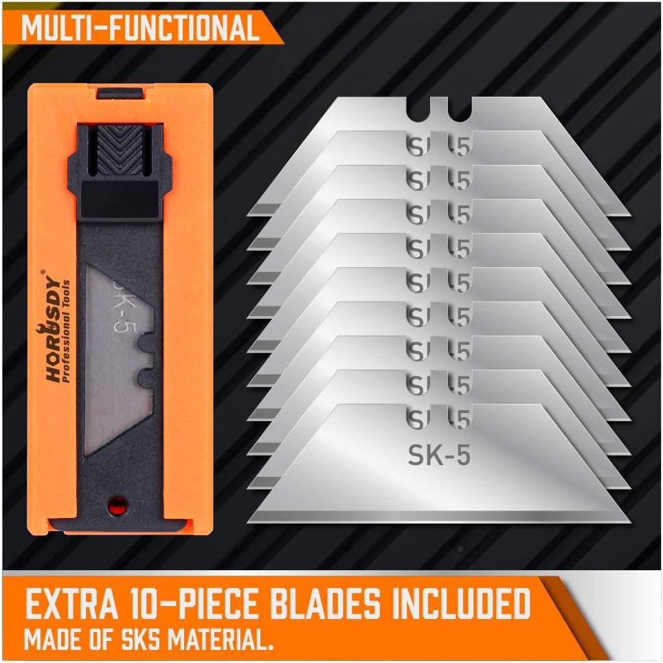 HORUSDY 4-pack heavy duty retractable utility knife set with SK5 blades, aluminum handles, blade storage case, and multi-color ergonomic design