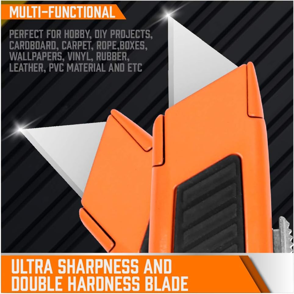 HORUSDY 4-pack heavy duty retractable utility knife set with SK5 blades, aluminum handles, blade storage case, and multi-color ergonomic design