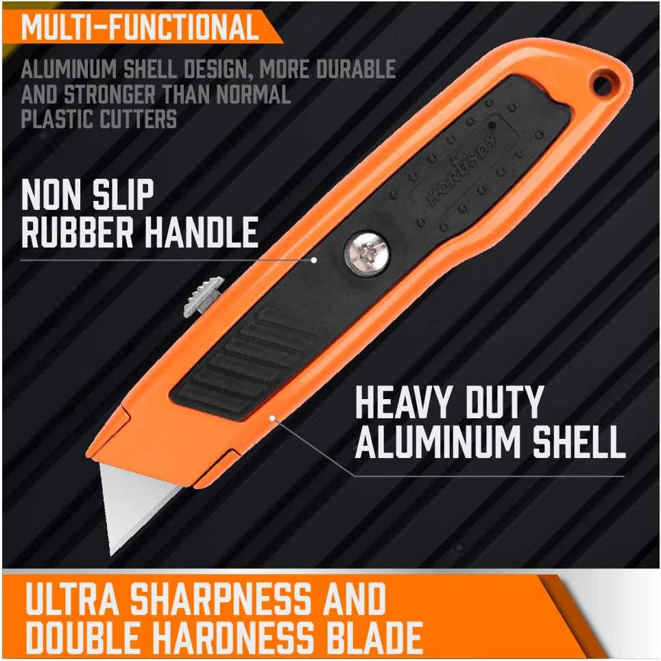 HORUSDY 4-pack heavy duty retractable utility knife set with SK5 blades, aluminum handles, blade storage case, and multi-color ergonomic design