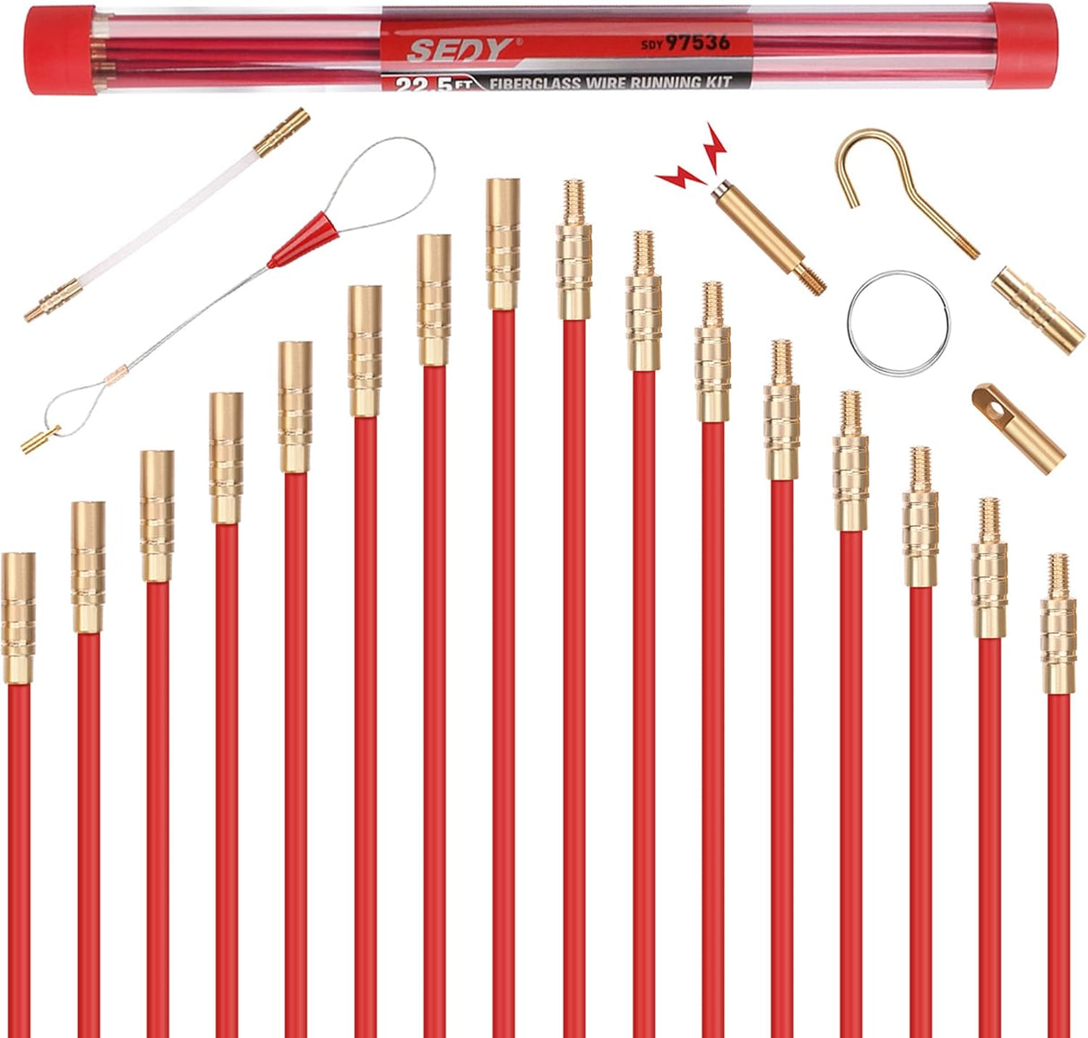 SEDY fiberglass wire running kit with 16 flexible rods and 5 brass attachments for pulling electrical wires through walls, conduits, attics, crawl spaces, and ceilings