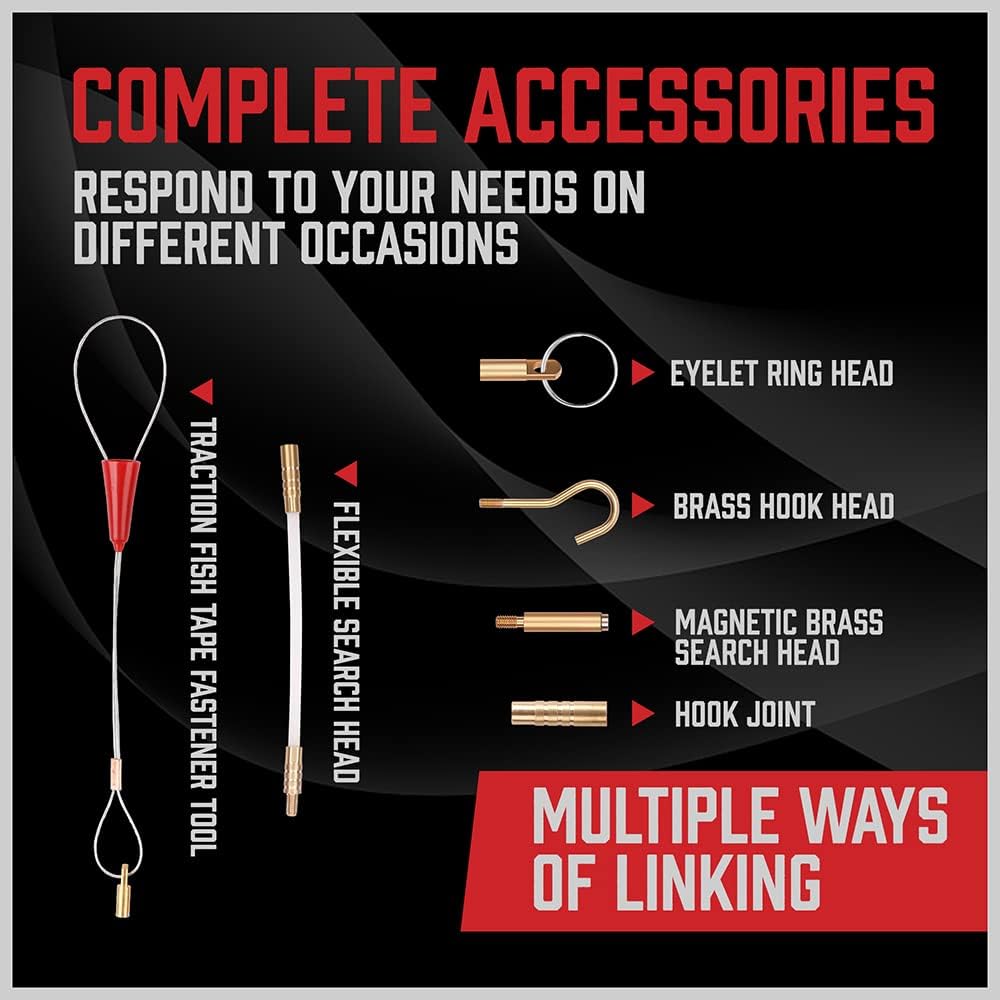SEDY fiberglass wire running kit with 16 flexible rods and 5 brass attachments for pulling electrical wires through walls, conduits, attics, crawl spaces, and ceilings