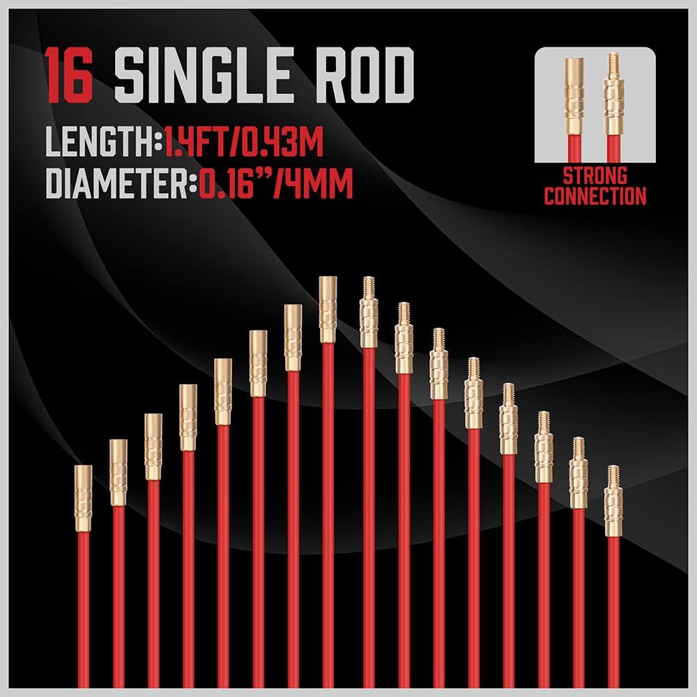 SEDY fiberglass wire running kit with 16 flexible rods and 5 brass attachments for pulling electrical wires through walls, conduits, attics, crawl spaces, and ceilings