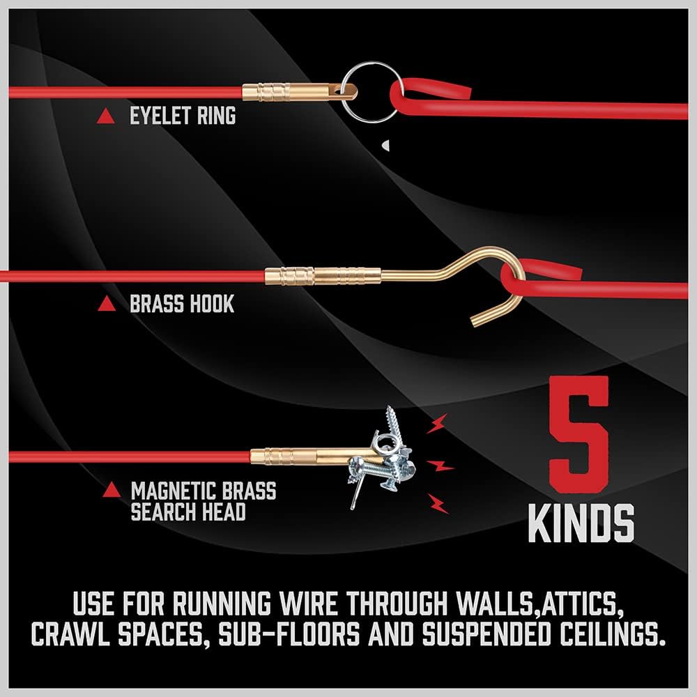 SEDY fiberglass wire running kit with 16 flexible rods and 5 brass attachments for pulling electrical wires through walls, conduits, attics, crawl spaces, and ceilings