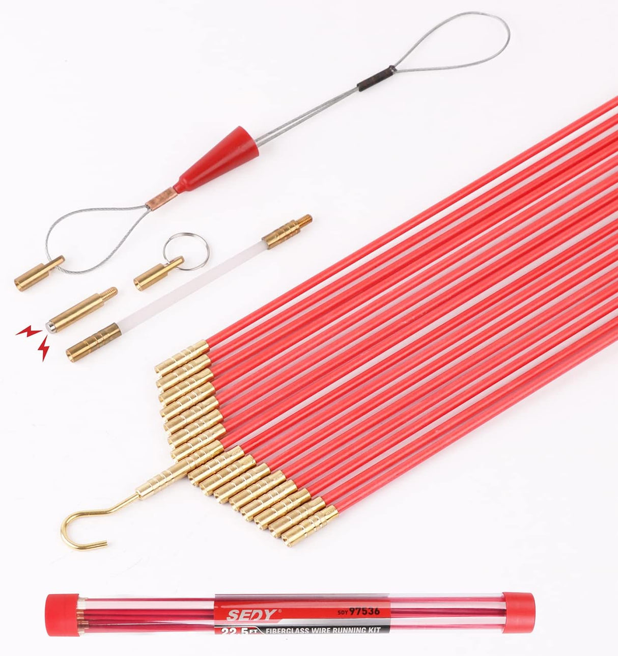 SEDY fiberglass wire running kit with 16 flexible rods and 5 brass attachments for pulling electrical wires through walls, conduits, attics, crawl spaces, and ceilings