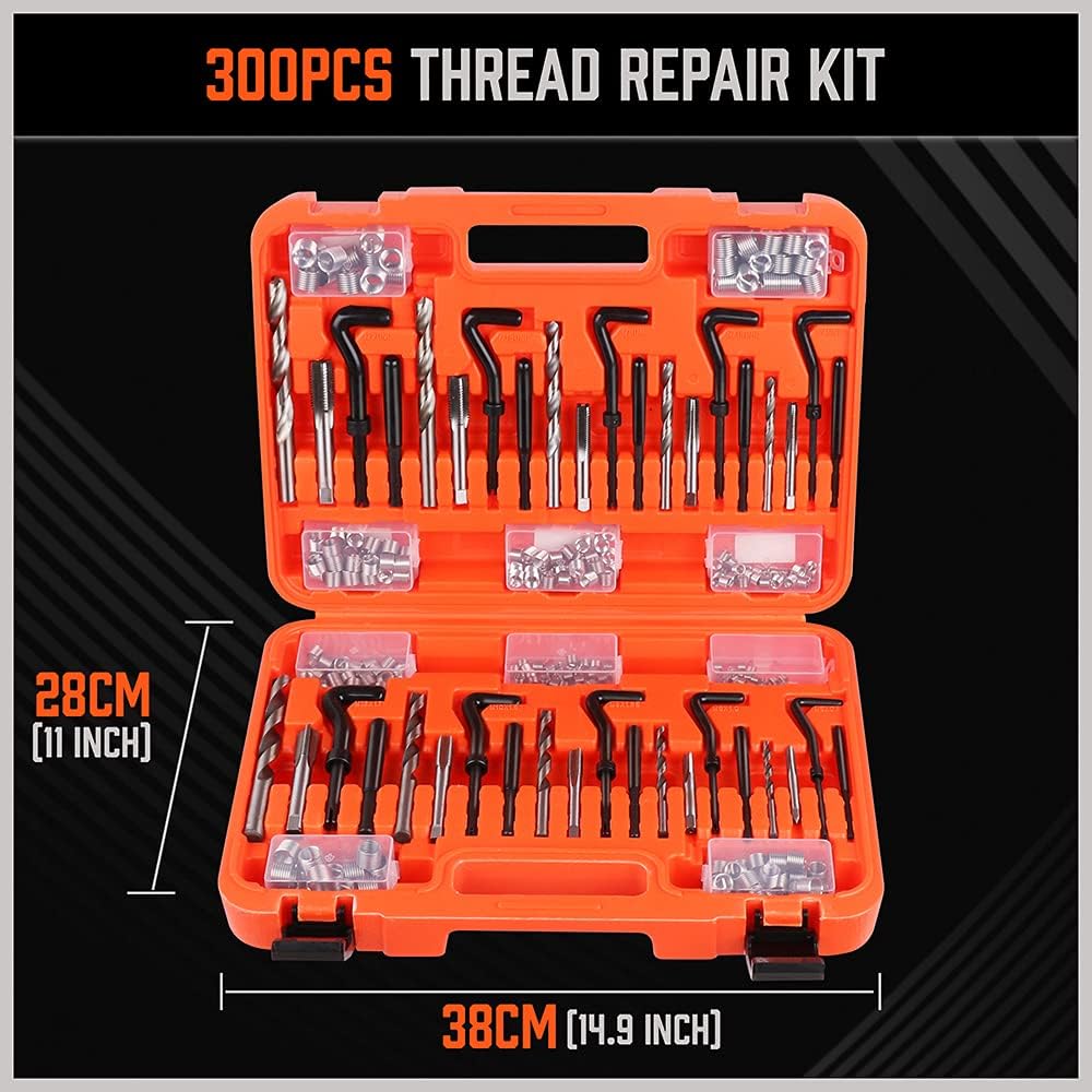 HORUSDY 300-piece thread repair kit with twist drills, screw taps, helicoil inserts, and storage case