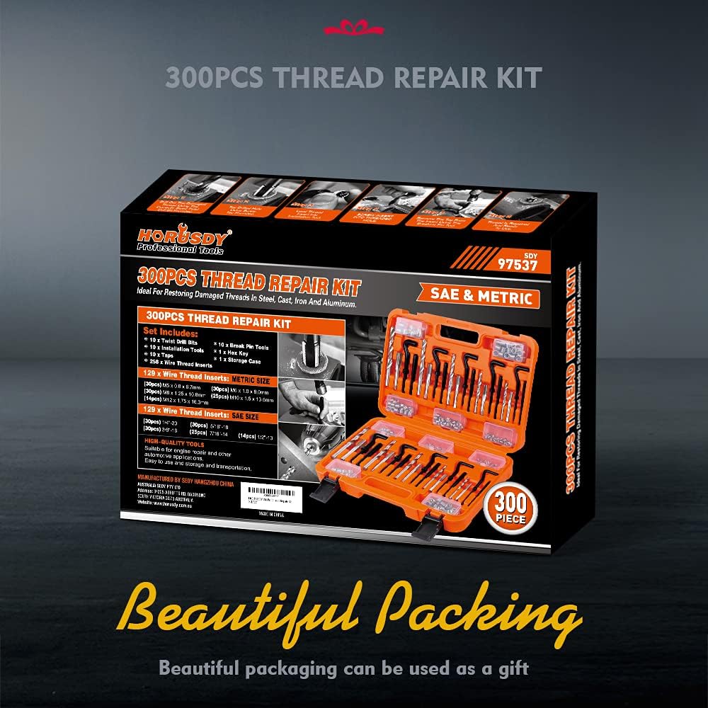 HORUSDY 300-piece thread repair kit with twist drills, screw taps, helicoil inserts, and storage case