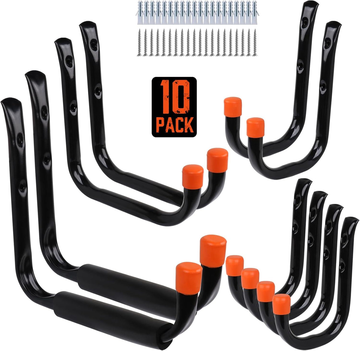 HORUSDY 10-piece garage hook set with black tubular steel, orange EVA tips, and multiple sizes, perfect for hanging tools, bikes, ladders, kayaks, and garden equipment.