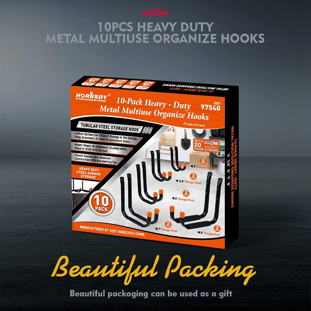 HORUSDY 10-piece garage hook set with black tubular steel, orange EVA tips, and multiple sizes, perfect for hanging tools, bikes, ladders, kayaks, and garden equipment.