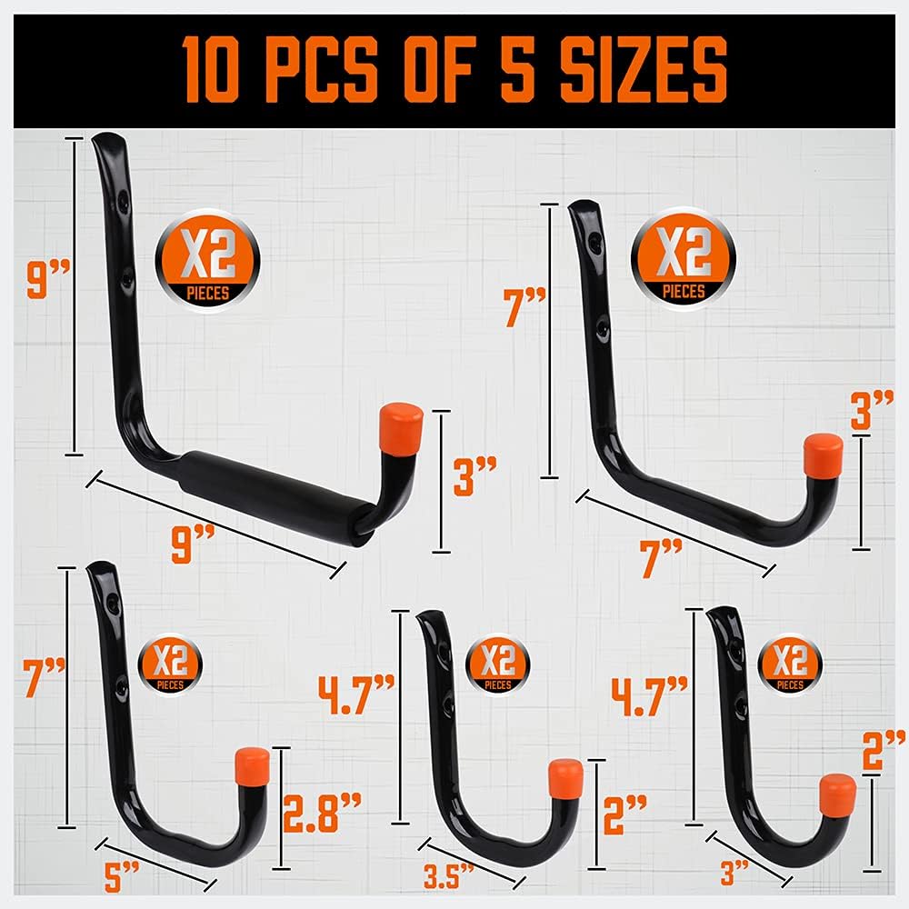 HORUSDY 10-piece garage hook set with black tubular steel, orange EVA tips, and multiple sizes, perfect for hanging tools, bikes, ladders, kayaks, and garden equipment.