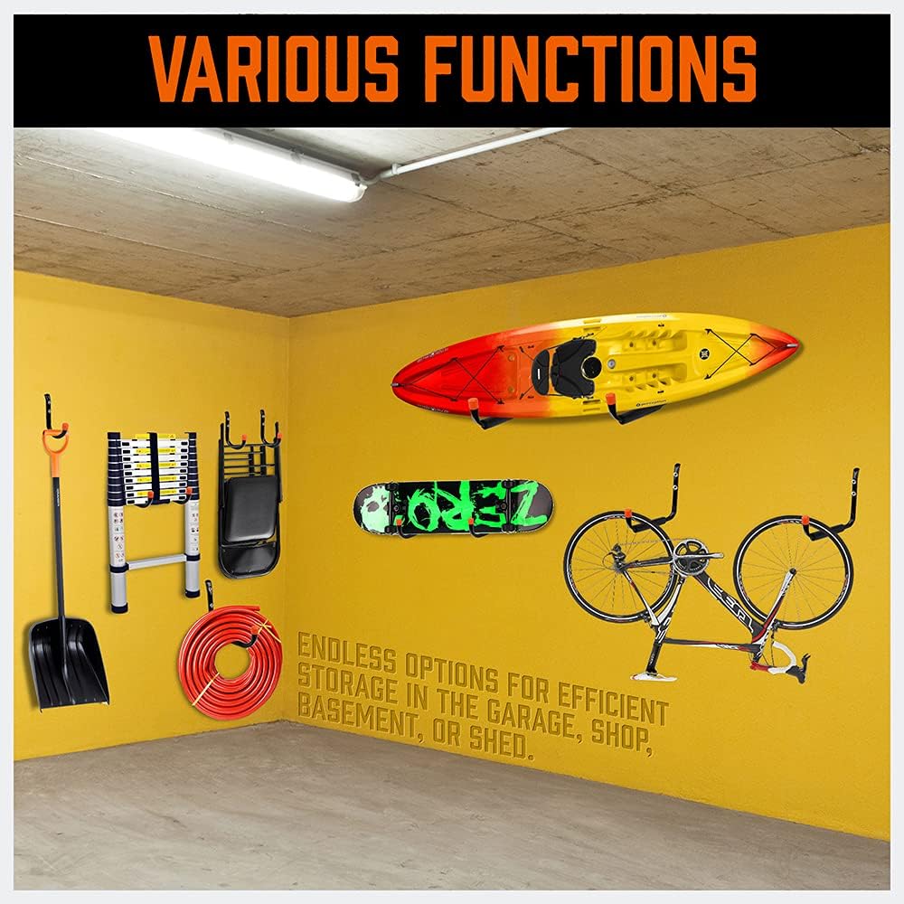 HORUSDY 10-piece garage hook set with black tubular steel, orange EVA tips, and multiple sizes, perfect for hanging tools, bikes, ladders, kayaks, and garden equipment.
