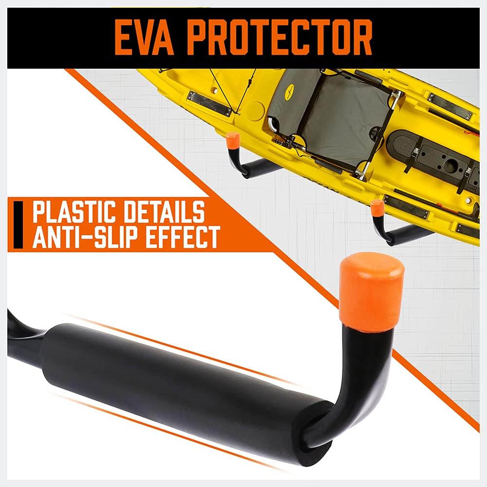 HORUSDY 10-piece garage hook set with black tubular steel, orange EVA tips, and multiple sizes, perfect for hanging tools, bikes, ladders, kayaks, and garden equipment.