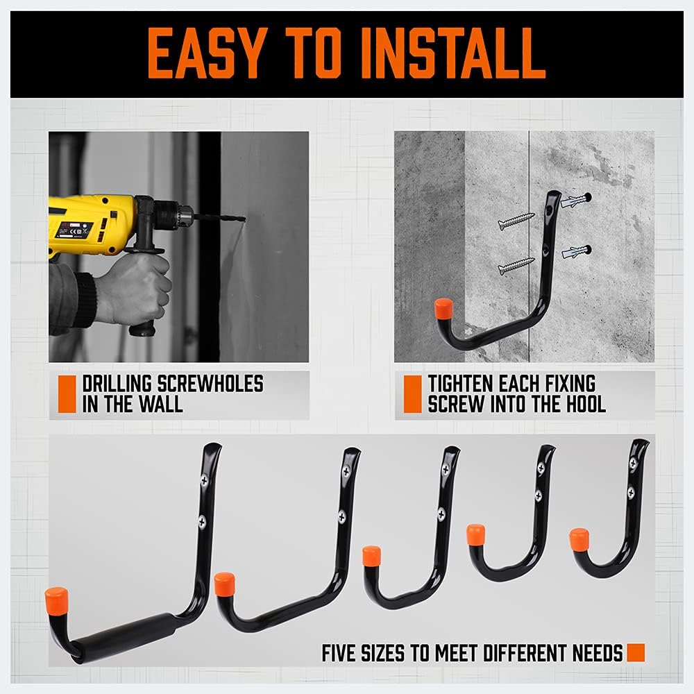 HORUSDY 10-piece garage hook set with black tubular steel, orange EVA tips, and multiple sizes, perfect for hanging tools, bikes, ladders, kayaks, and garden equipment.