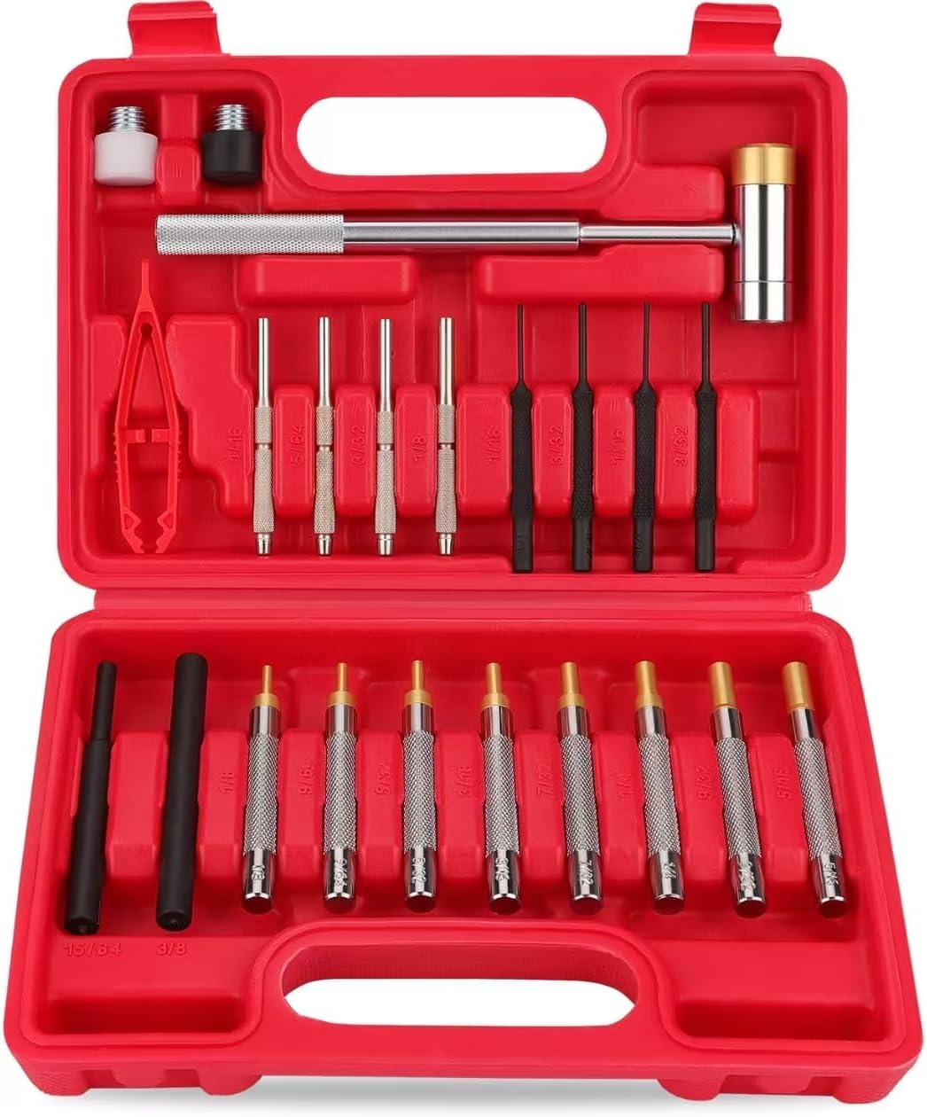 SEDY 22-piece roll pin punch and hammer set with brass, steel, plastic punches and 4 interchangeable hammer heads in red carry case for gunsmithing and repair