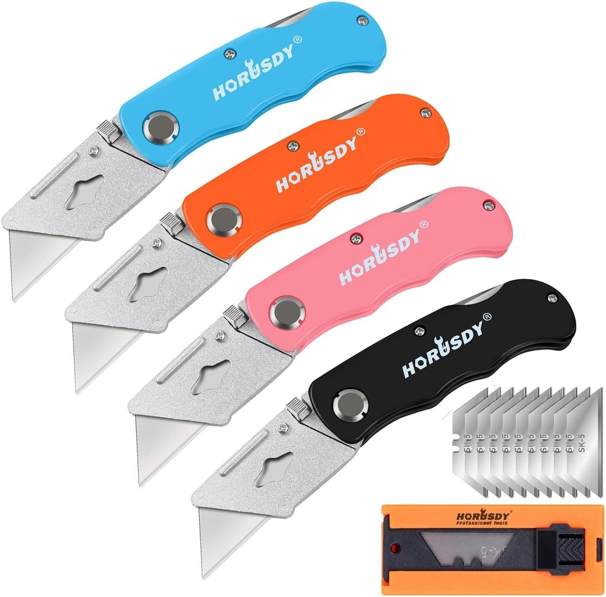 HORUSDY folding utility knife set with SK5 blades, 4 ergonomic aluminum box cutters in multiple colors for cutting cardboard, plastic, leather, and PVC
