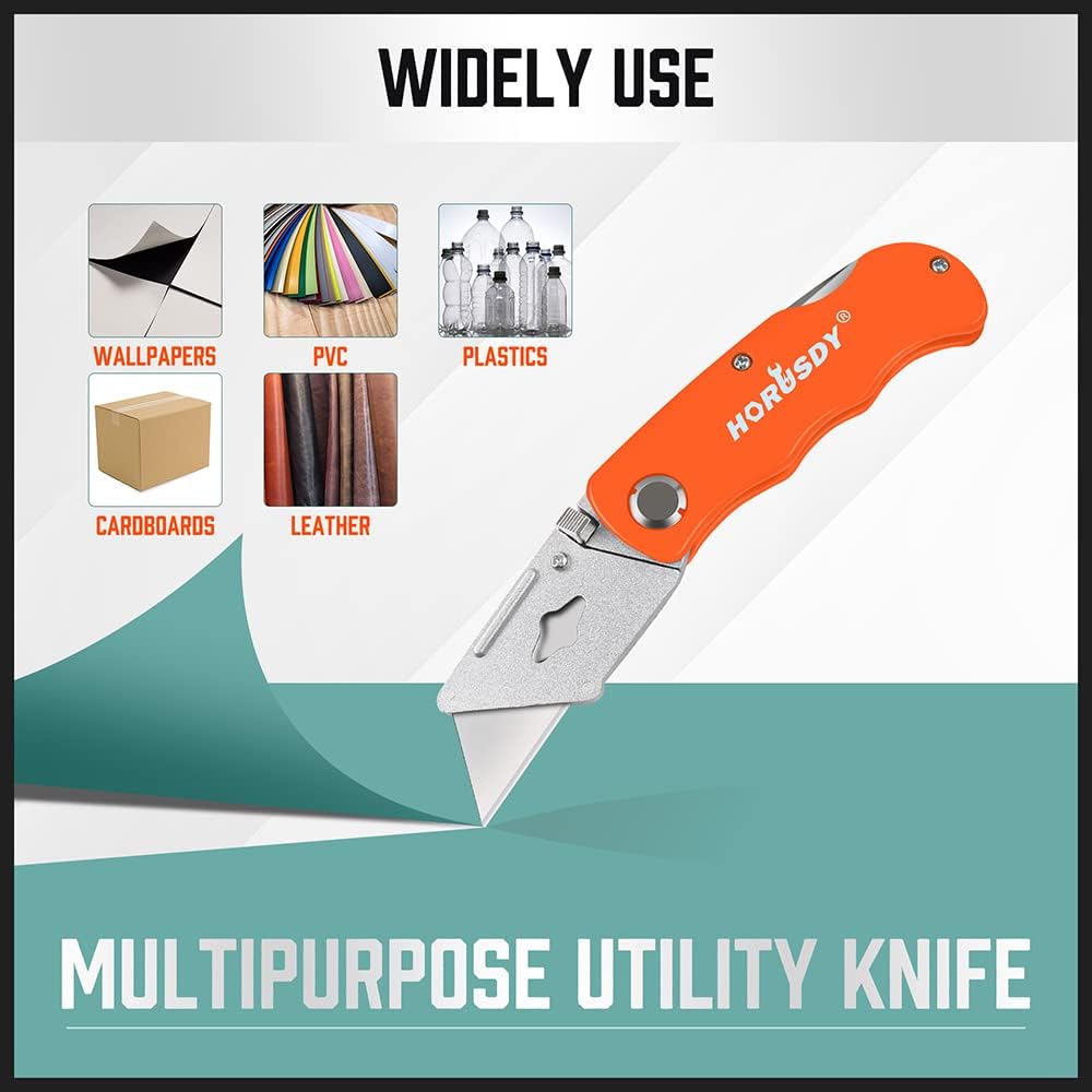 HORUSDY folding utility knife set with SK5 blades, 4 ergonomic aluminum box cutters in multiple colors for cutting cardboard, plastic, leather, and PVC