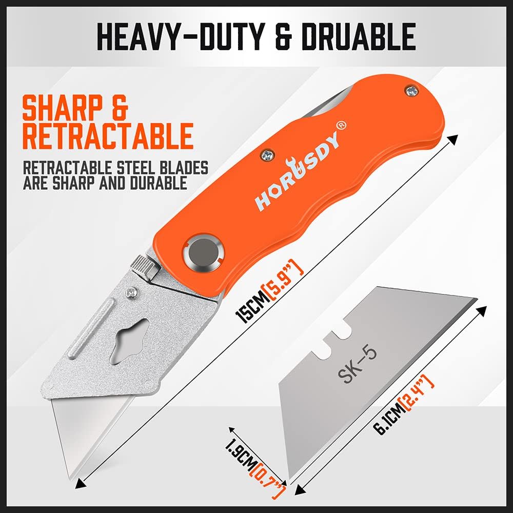 HORUSDY folding utility knife set with SK5 blades, 4 ergonomic aluminum box cutters in multiple colors for cutting cardboard, plastic, leather, and PVC