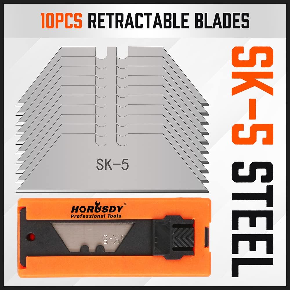 HORUSDY folding utility knife set with SK5 blades, 4 ergonomic aluminum box cutters in multiple colors for cutting cardboard, plastic, leather, and PVC