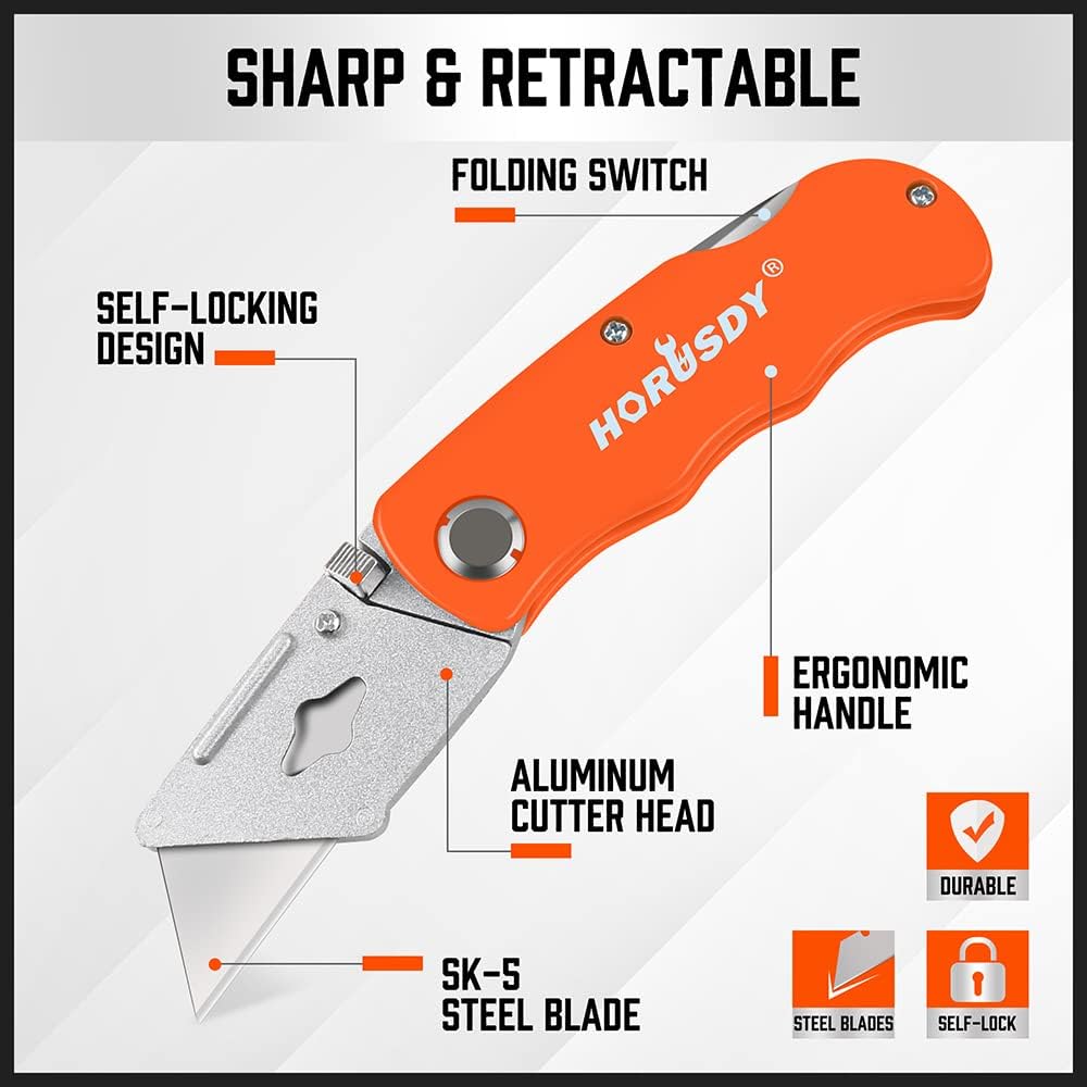 HORUSDY folding utility knife set with SK5 blades, 4 ergonomic aluminum box cutters in multiple colors for cutting cardboard, plastic, leather, and PVC