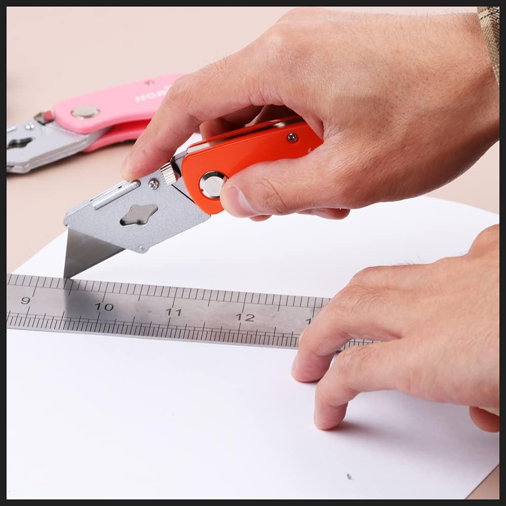 HORUSDY folding utility knife set with SK5 blades, 4 ergonomic aluminum box cutters in multiple colors for cutting cardboard, plastic, leather, and PVC