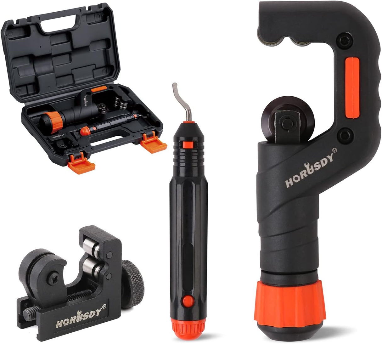 pipe and tube cutter tool kit with deburring tool for copper, plastic, aluminum, and brass tubing, includes storage case