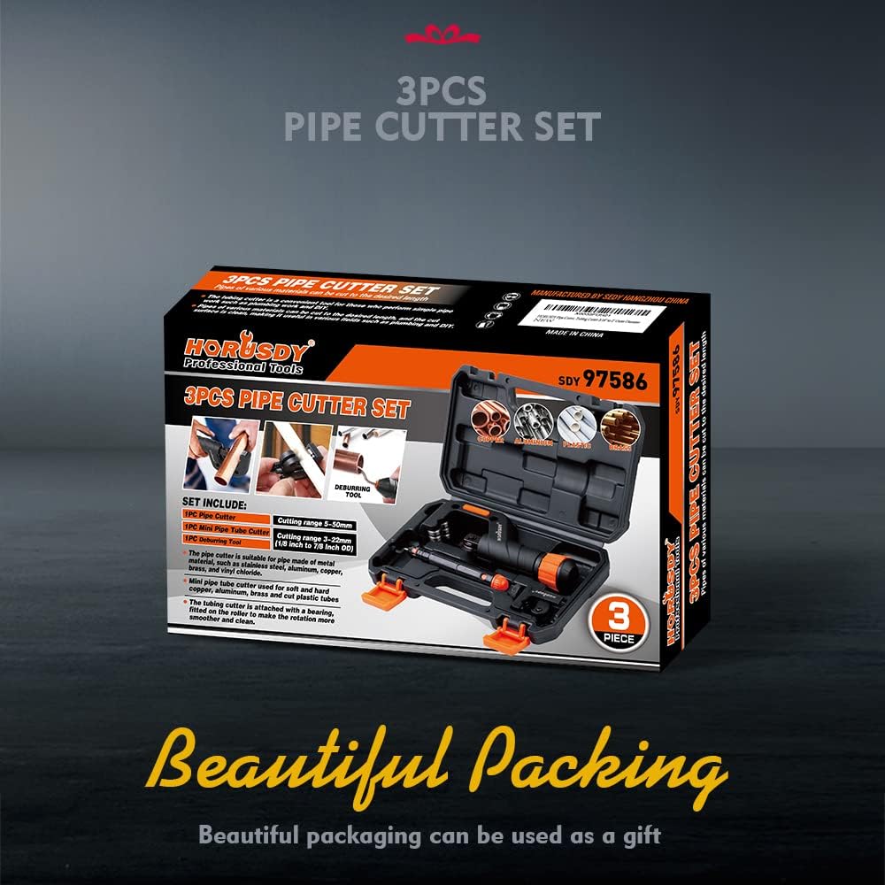 pipe and tube cutter tool kit with deburring tool for copper, plastic, aluminum, and brass tubing, includes storage case