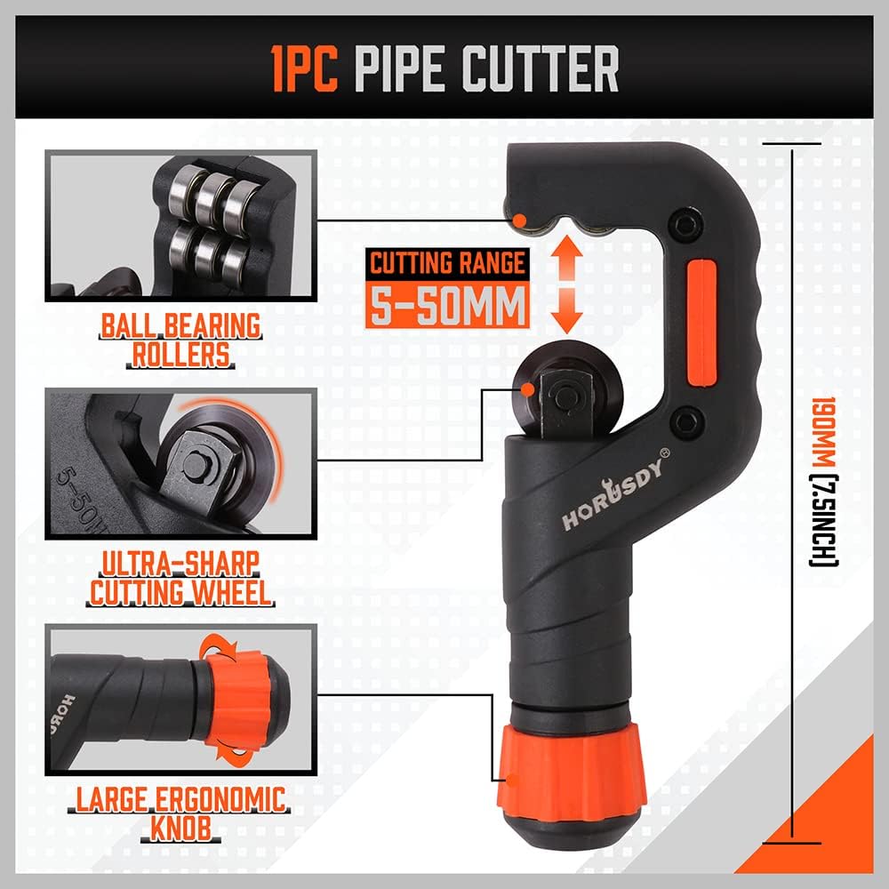 pipe and tube cutter tool kit with deburring tool for copper, plastic, aluminum, and brass tubing, includes storage case
