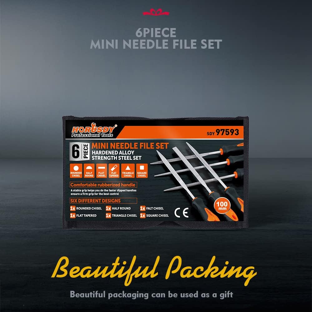 Mini needle file set with rubber handles for precision filing on metal, wood, and plastic by HORUSDY