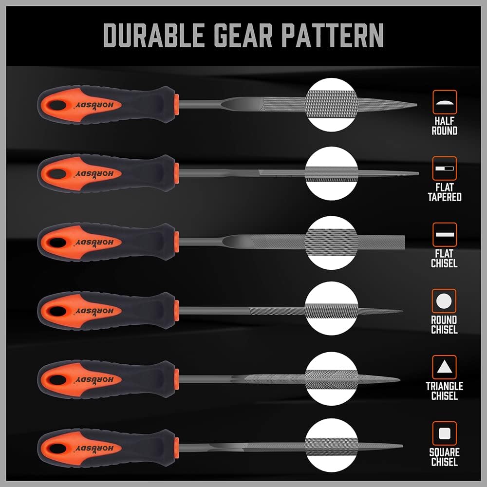 Mini needle file set with rubber handles for precision filing on metal, wood, and plastic by HORUSDY