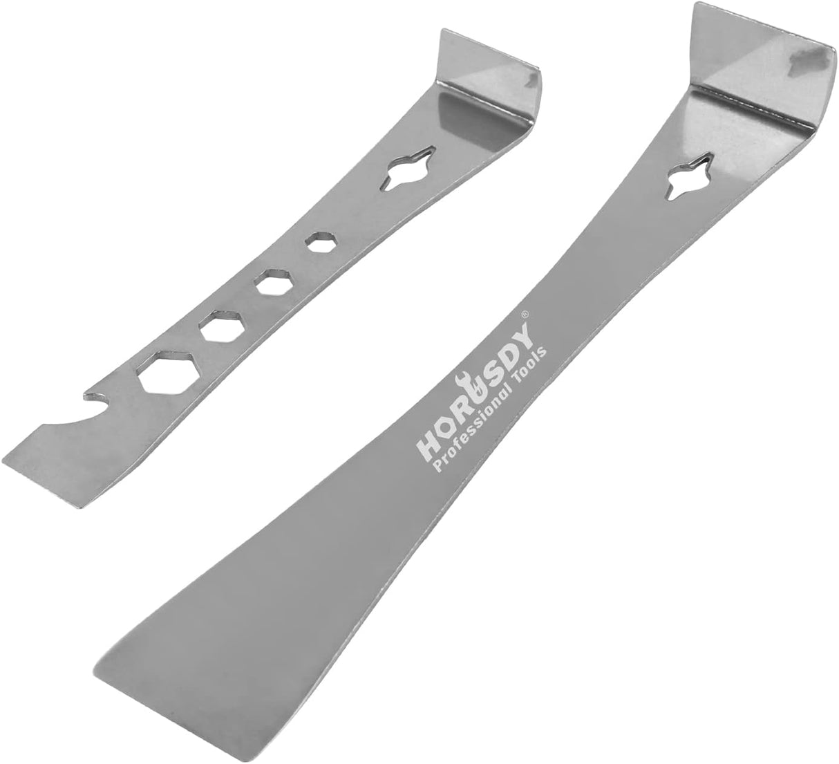 HORUSDY 2-piece stainless steel pry bar and scraper set with nail puller, bottle opener, and multi-size hex holes