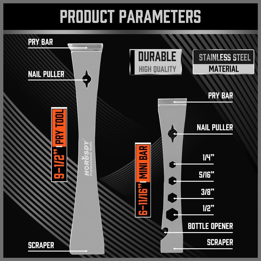 HORUSDY 2-piece stainless steel pry bar and scraper set with nail puller, bottle opener, and multi-size hex holes