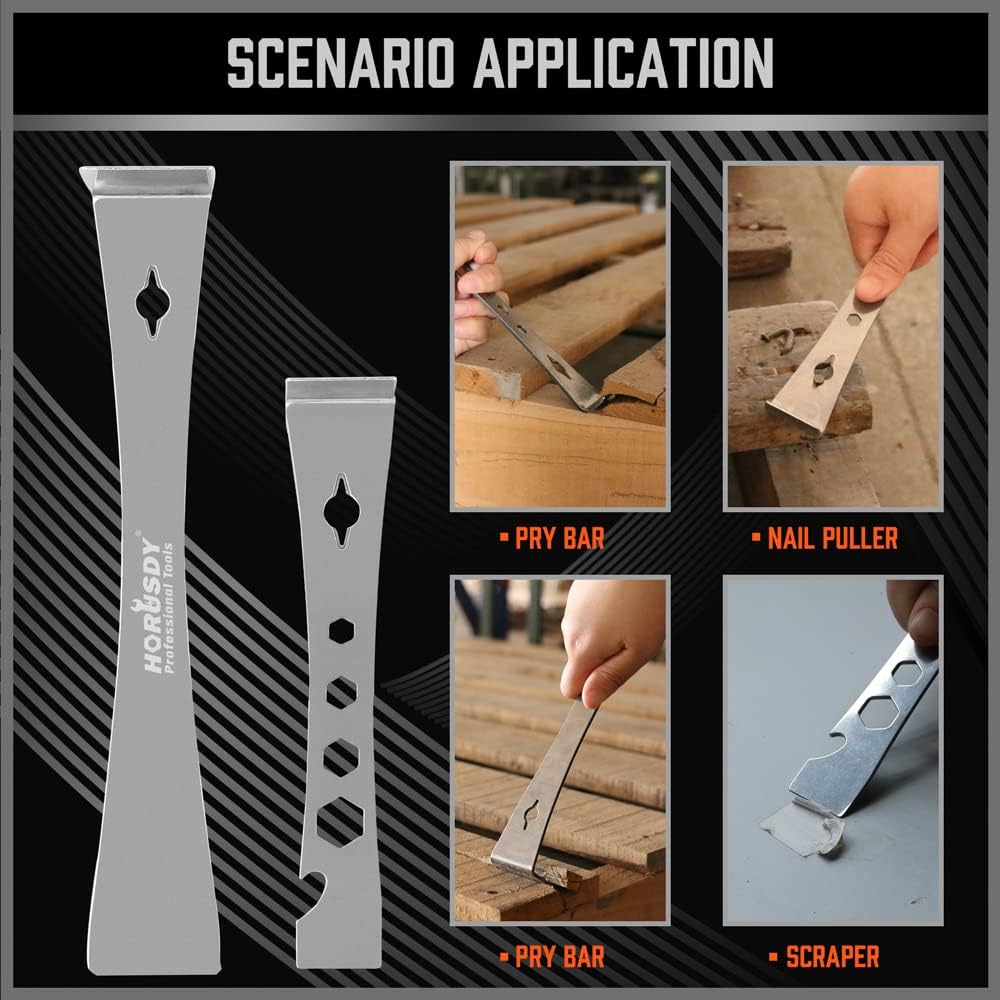 HORUSDY 2-piece stainless steel pry bar and scraper set with nail puller, bottle opener, and multi-size hex holes