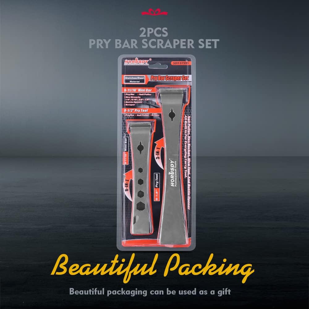 HORUSDY 2-piece stainless steel pry bar and scraper set with nail puller, bottle opener, and multi-size hex holes