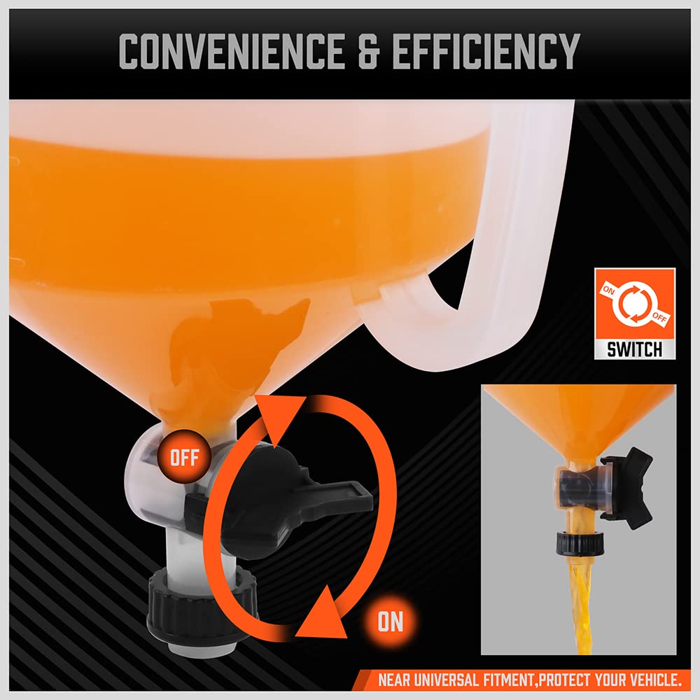 HORUSDY no spill coolant funnel kit with scale, shut-off valve, and multi-size adapters for radiator filling and automotive cooling system maintenance