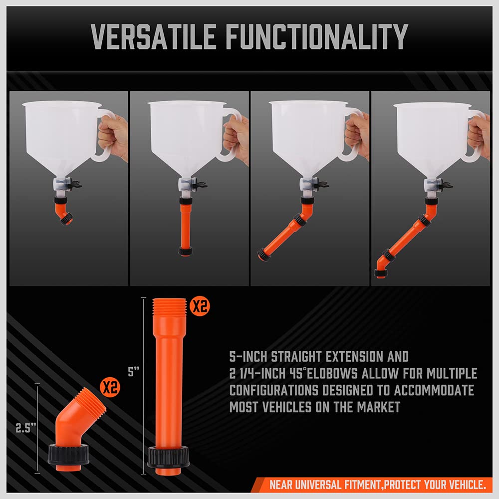 HORUSDY no spill coolant funnel kit with scale, shut-off valve, and multi-size adapters for radiator filling and automotive cooling system maintenance