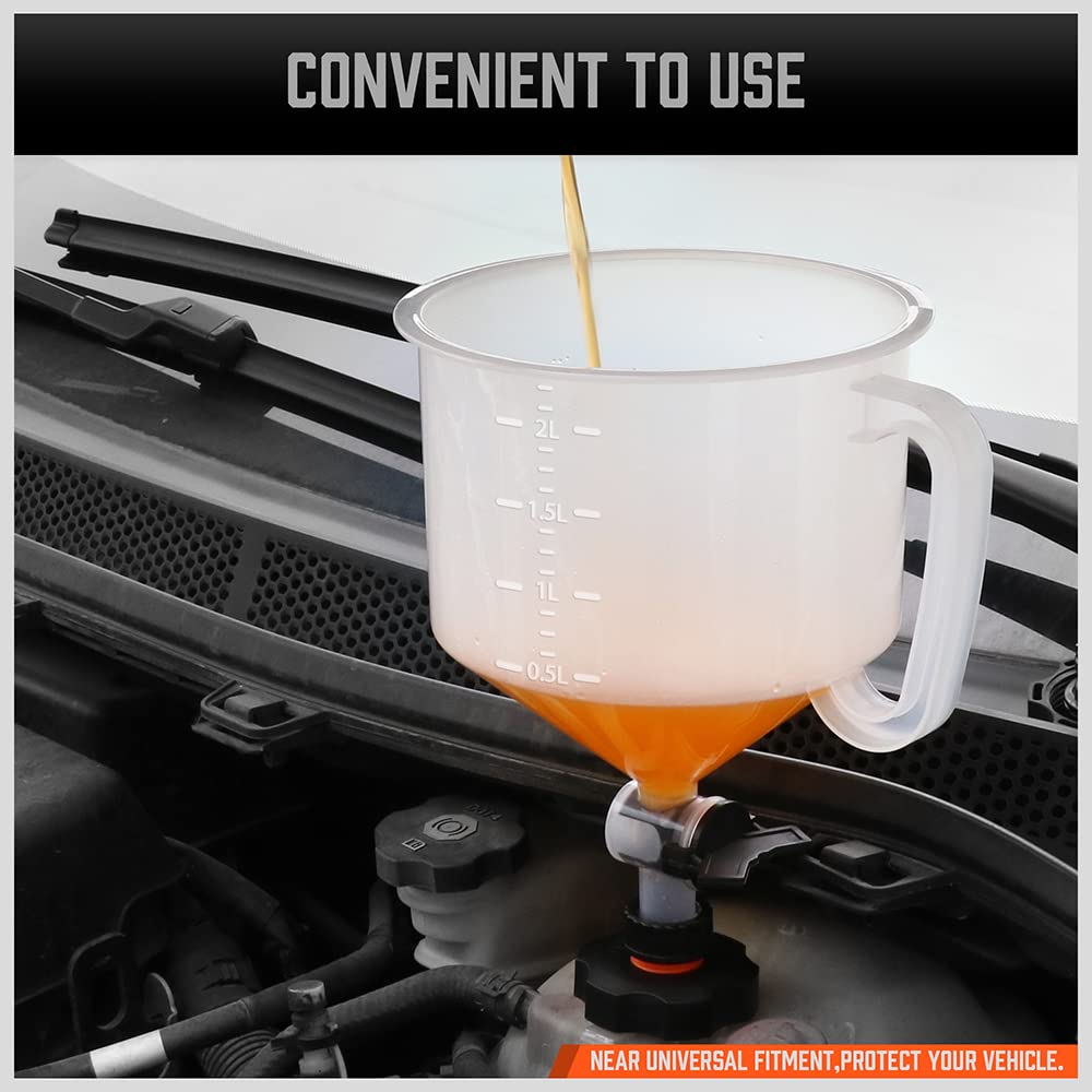 HORUSDY no spill coolant funnel kit with scale, shut-off valve, and multi-size adapters for radiator filling and automotive cooling system maintenance