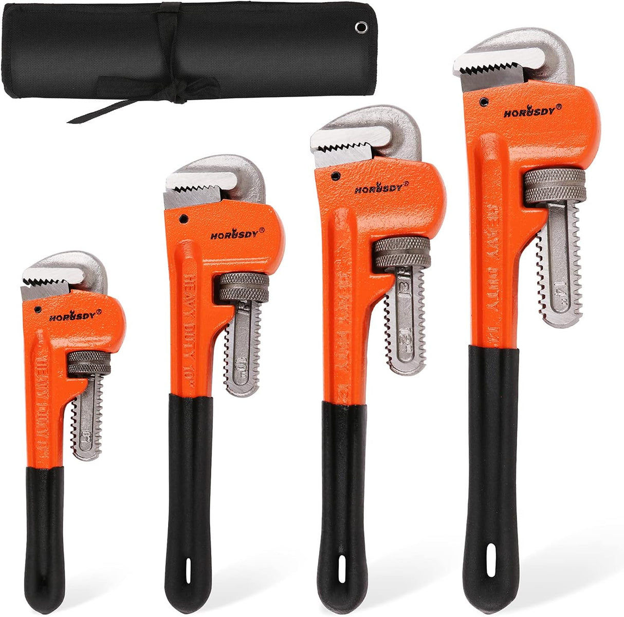 HORUSDY 4-piece heavy duty pipe wrench set in multiple sizes with precision jaws and carrying roll-up bag for plumbing and pipe repair.