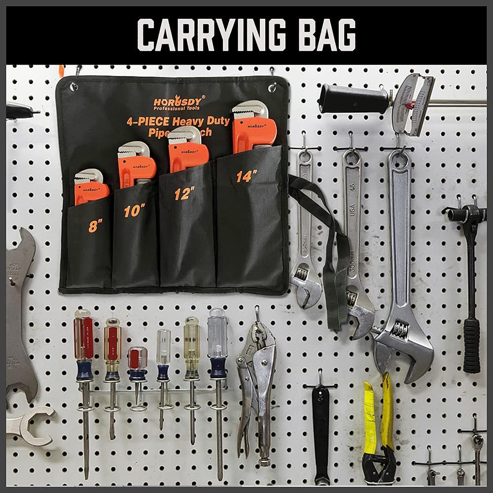 HORUSDY 4-piece heavy duty pipe wrench set in multiple sizes with precision jaws and carrying roll-up bag for plumbing and pipe repair.