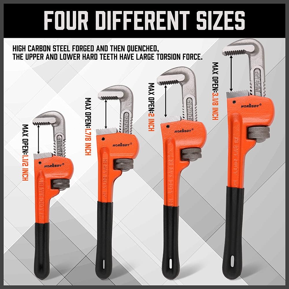 HORUSDY 4-piece heavy duty pipe wrench set in multiple sizes with precision jaws and carrying roll-up bag for plumbing and pipe repair.