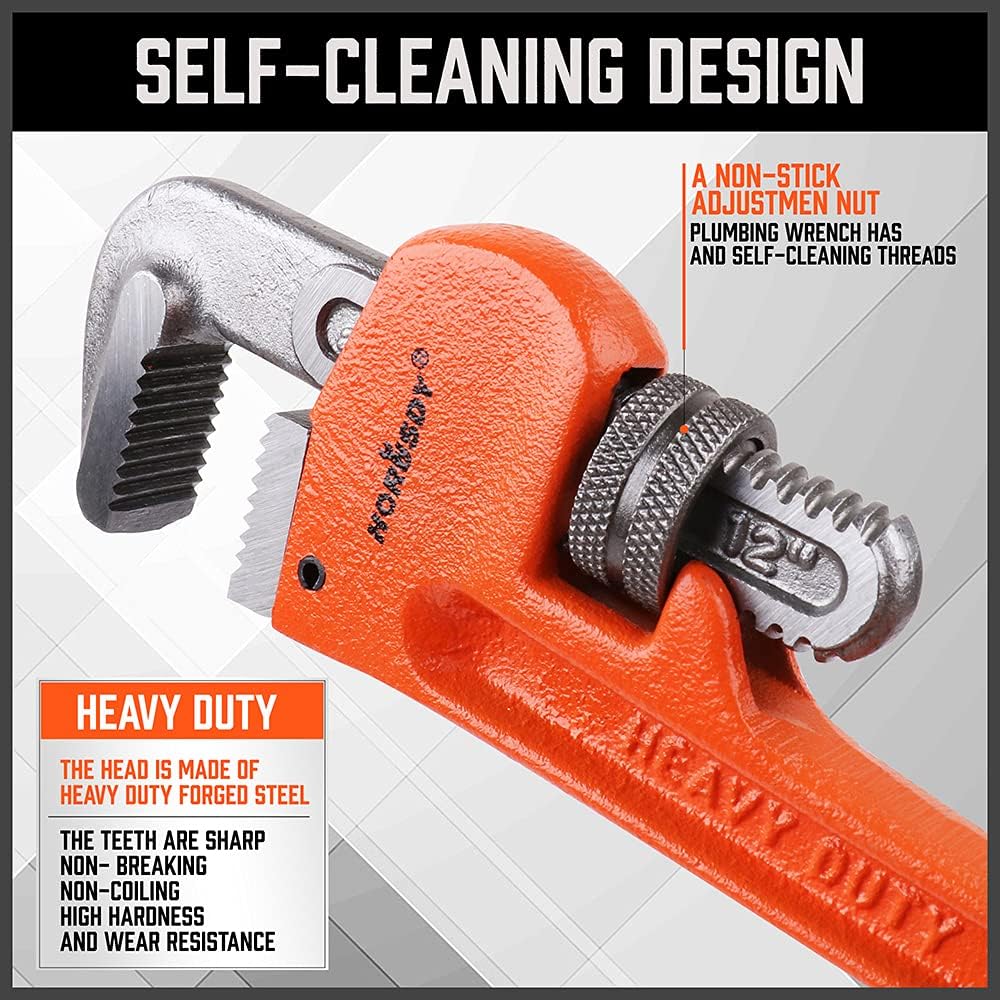 HORUSDY 4-Piece Heavy Duty Pipe Wrench Set with Carrying Bag, 8", 10", 12", 14" Adjustable Wrenches for Plumbing Repair