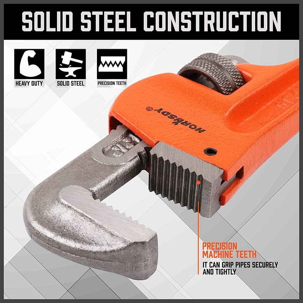 HORUSDY 4-piece heavy duty pipe wrench set in multiple sizes with precision jaws and carrying roll-up bag for plumbing and pipe repair.