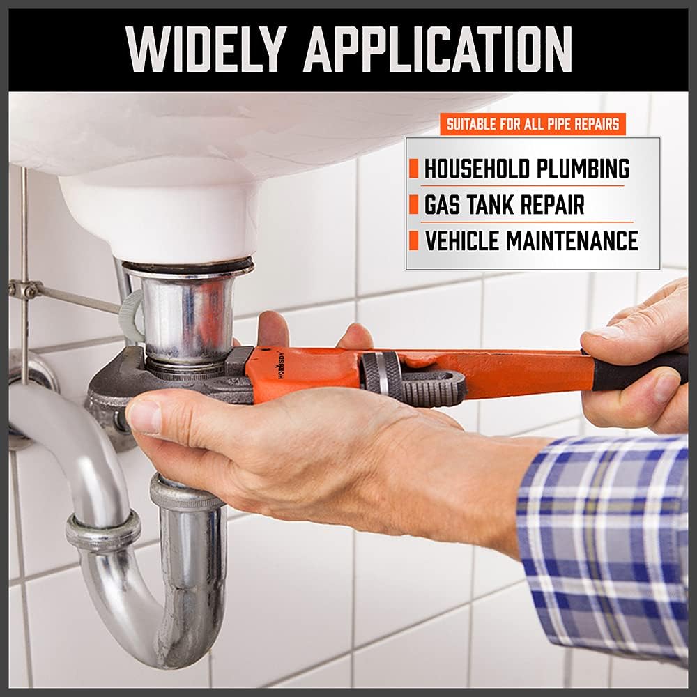 HORUSDY 4-piece heavy duty pipe wrench set in multiple sizes with precision jaws and carrying roll-up bag for plumbing and pipe repair.